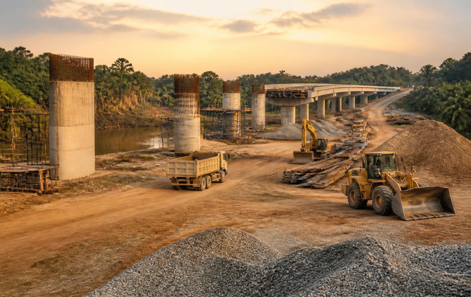 Bridge and road construction site with plant equipment and material stockpiles